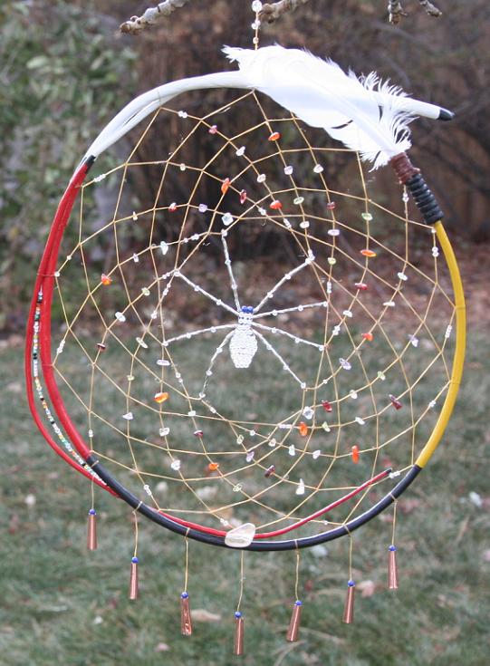 medicine spider woman dreamcatcher by john pete with chakra stones, feather fan and swarovski crystal beaded spider 